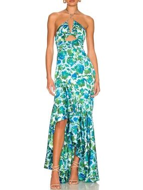 AMUR Edie High Low Tie Neck Gown in Cerulean Blue Lotus Block Print - Size 4